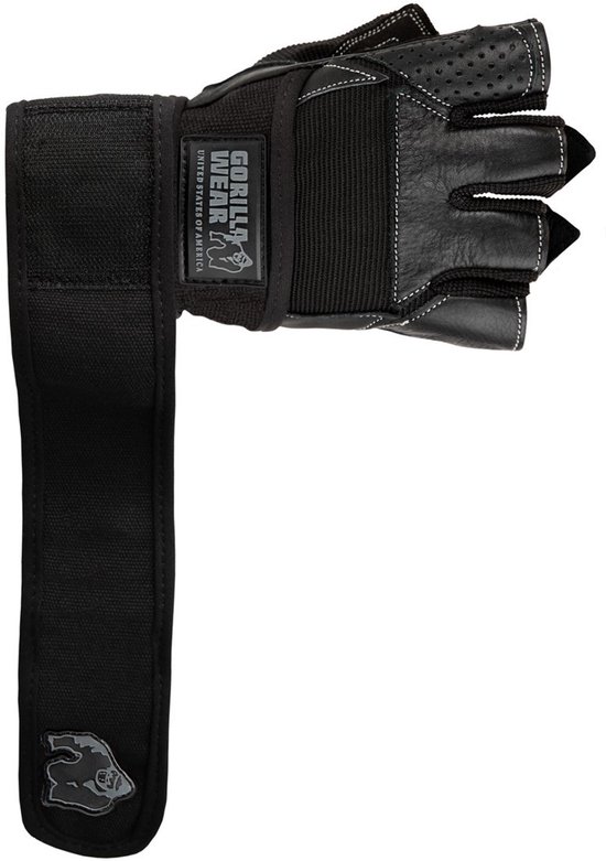Zwarte Gorilla Wear fitnesshandschoen met klittenbandsluiting, logo en open vingers.