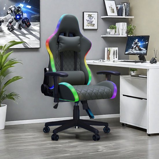 LED-gamingstoel met verstelbare rugleuning, PU-lederen stoelen met wielen, bureaustoel, met lendensteunkussen en kussen