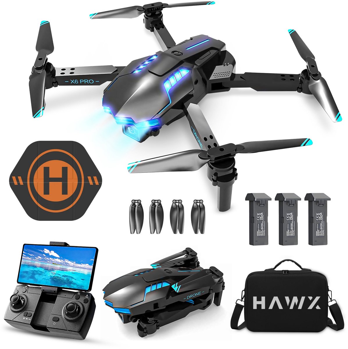 HAWX Drone - Drone met 4K Camera - Mini drone - Voor Kinderen/Volwassenen - Drones - Tot 90 Minuten Vliegen - Incl. 3 Batterijen, Opbergtas, Landing Pad