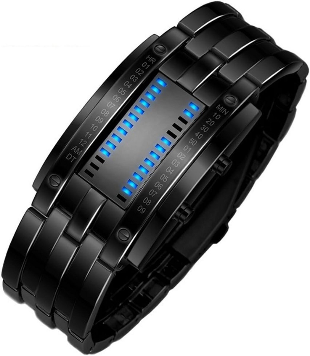 Digitale Binaire LED Horloge met Blauwe Tijdweergave en RVS Band