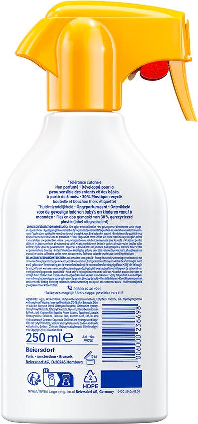 Witte sprayflacon met gele spuitdop en rode knop. Achterkant met productinformatie en streepjescode. 250ml.
