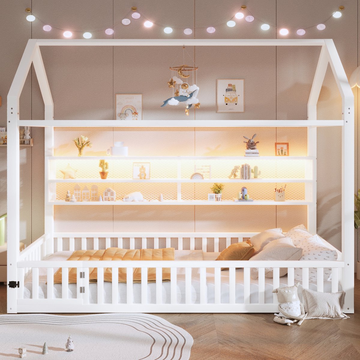 Merax 90x200 cm kajuitbed - huisvormige platformbed met reling en LED-verlichting - wit