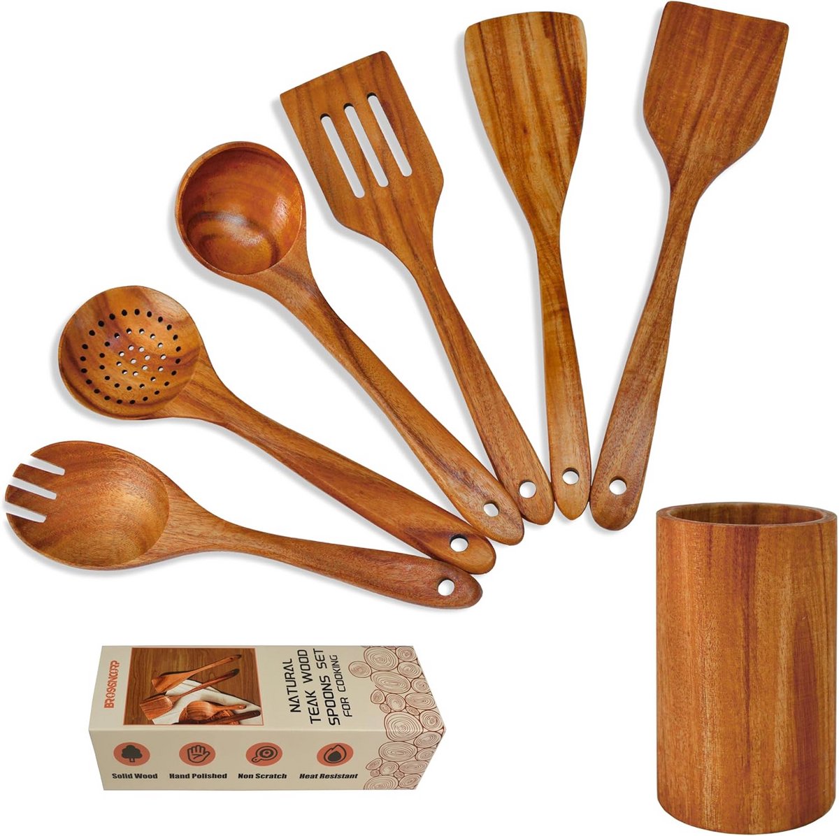 Set van 7 Houten Keukengerei met Houder - Krasvrij en Comfortabel Koken