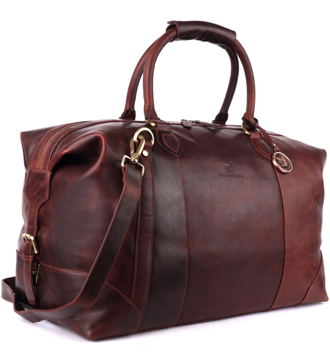 DE LAMASSU® (Rafael) reistas van echt leer – unisex weekender 50 × 35 × 28 cm – verstelbare schouderriem, uitbreidbaar met zijdelingse gespen, beschermvoetjes, cadeauverpakking