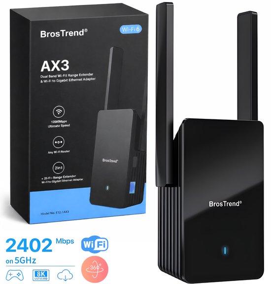 BrosTrend® AX3 Premium Wifi Booster - WiFi 6 - 3000 Mbps - Jusqu'à 204 m² & 45 Appareils - Amplificateur wifi - Répéteur wifi - Prise amplificateur wifi -