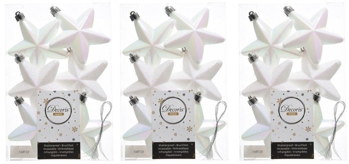 Decoris kersthanger sterren - 18x st - wit parelmoer - 7 cm - kunststof - kerstornamenten - kerstversiering