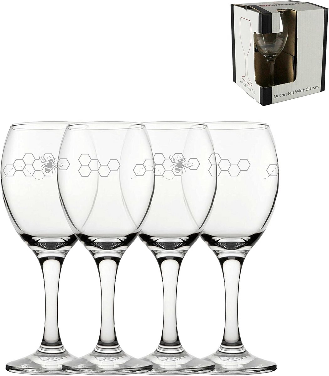 Set van 4 Wijnglazen met Bijen Gravure - Lasergegraveerd, Vaatwasmachinebestendig
