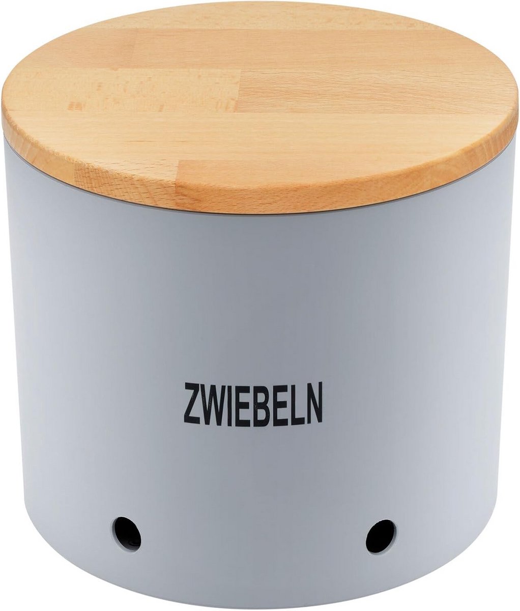 Stijlvolle grijze bewaarpot voor uien met ventilatiegaten