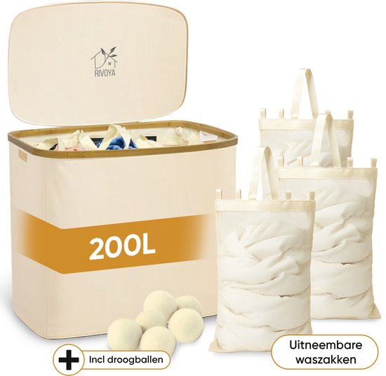 Crème gekleurde wasmand van 200L, met deksel, 3 uitneembare waszakken en 5 witte drogerballen.