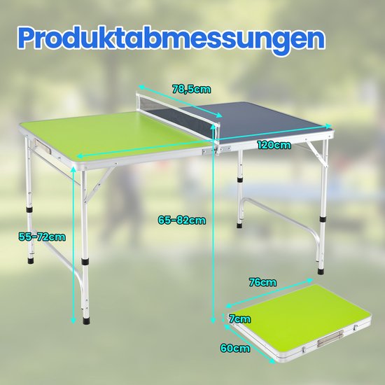 Afmetingen van de inklapbare pingpongtafel. Lengte 120 cm, breedte 76 cm, hoogte 55-72 cm.