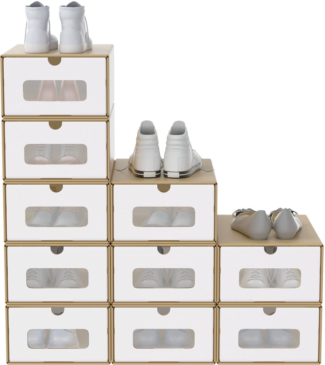 Aufun 10 Stapelbare Schoenendozen-Van Kraftpapier- Met Deksels En Transparante Kijkvensters- 35X24X14Cm-Opbergorganizer Voor Schoenen- Bruin