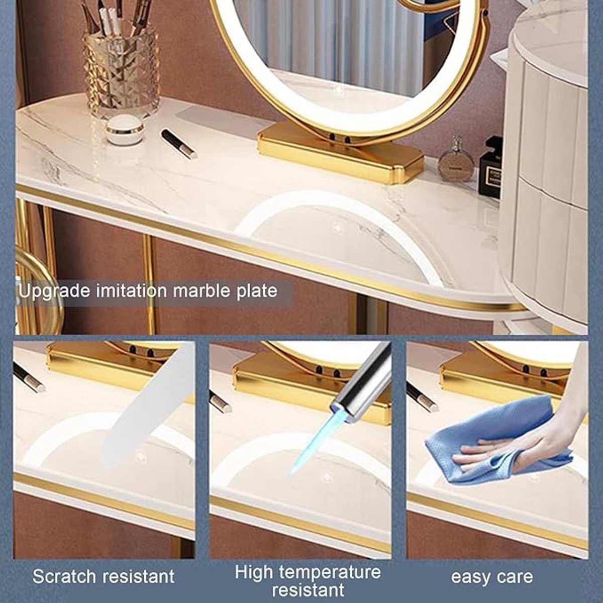 Make-uptafel met verstelbare LED spiegel 120cm x 47,2in, moderne grijze kaptafel met 5 laden en gestoffeerde kruk – Pauwhome