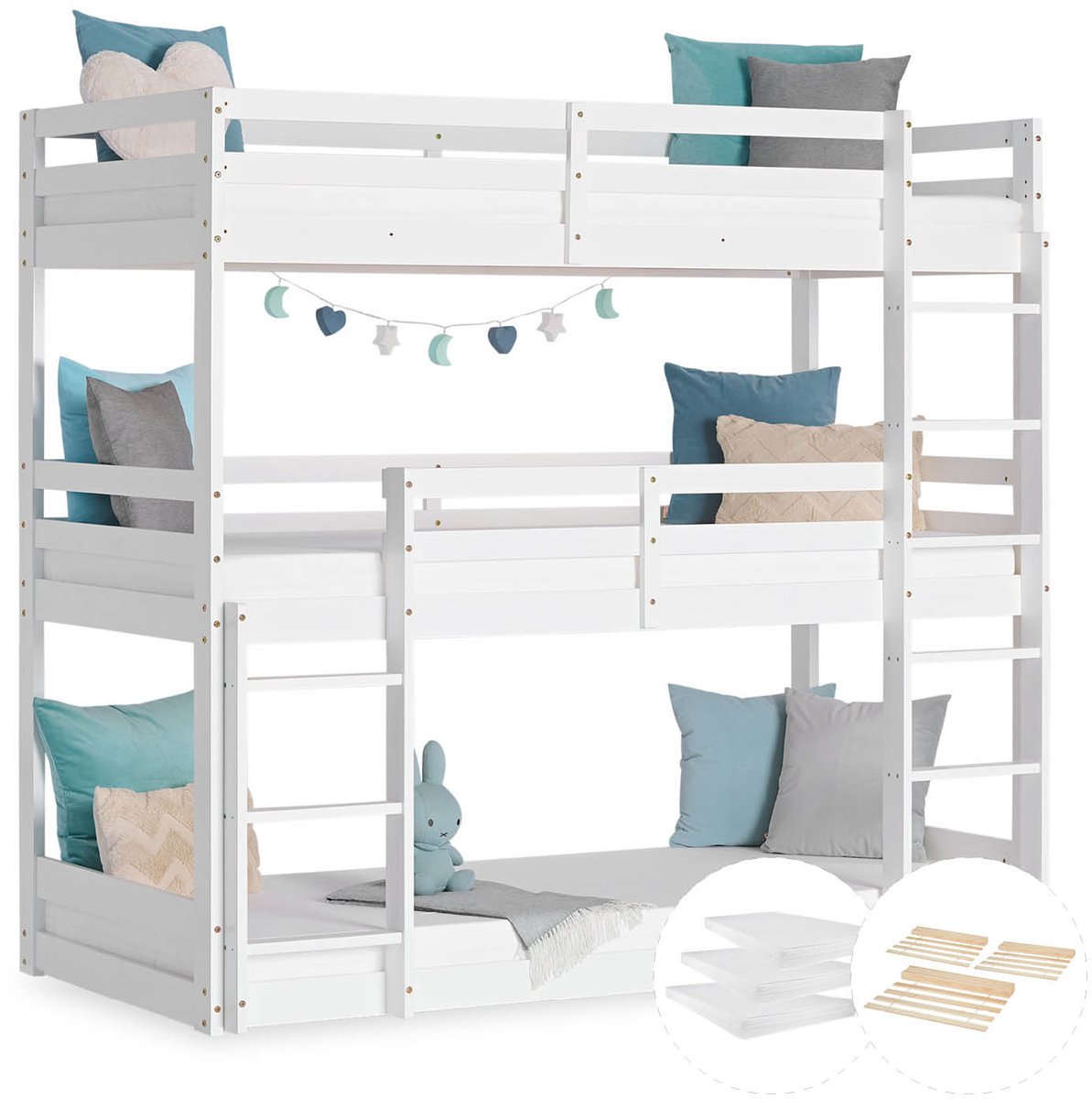Homestyle4u kinderbed - 90 x 200 cm - Hoogslaper voor 3 kinderen - met matrassen - Wit
