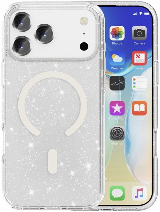 Coque transparente pour iPhone 17 Pro Max avec paillettes et cercle MagSafe.