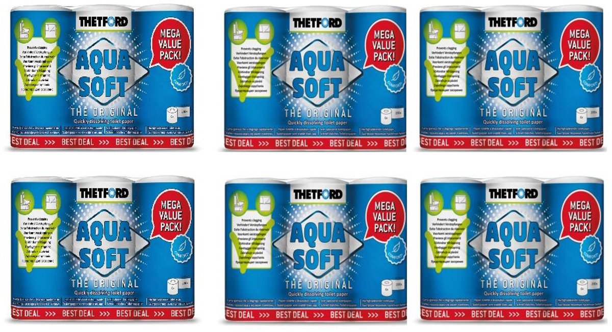Thetford Aqua Soft Promo Sixpack Camping Toiletpapier - Set van 6 pakken (36 rollen totaal) - Speciaal voor chemische toiletten - Lost snel op