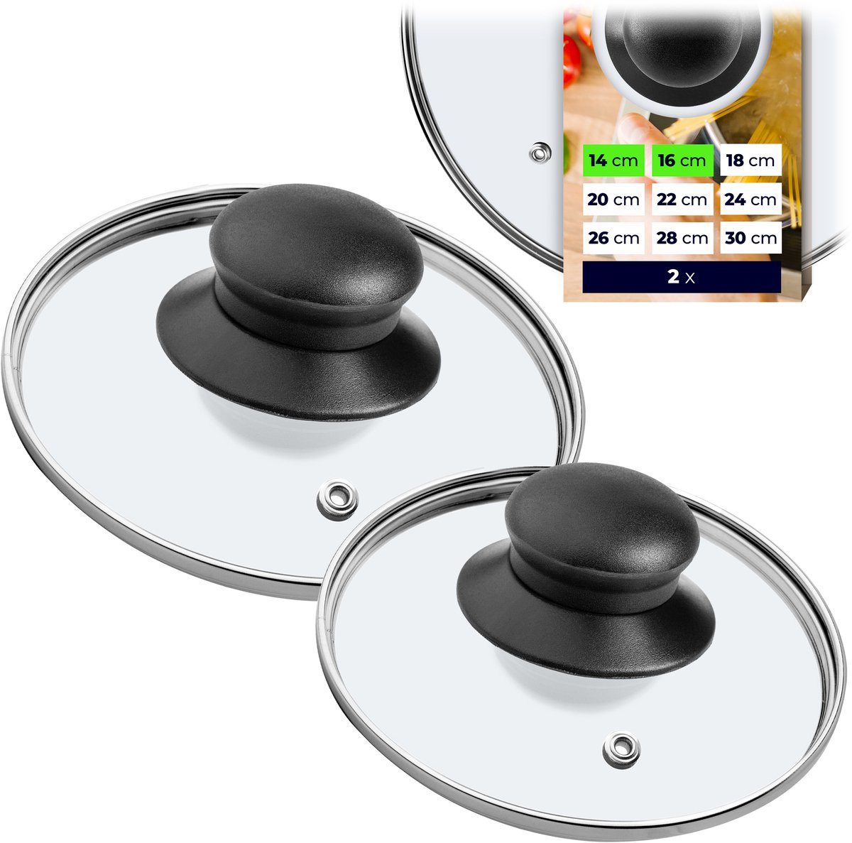 KADAX glazen dekselset, ingemaakte deksel gemaakt van glas, ?14-30 cm, warmtebestendig deksel voor pot, pan, pan deksel met handvat gemaakt van plastic, universeel deksel (16+14 cm)