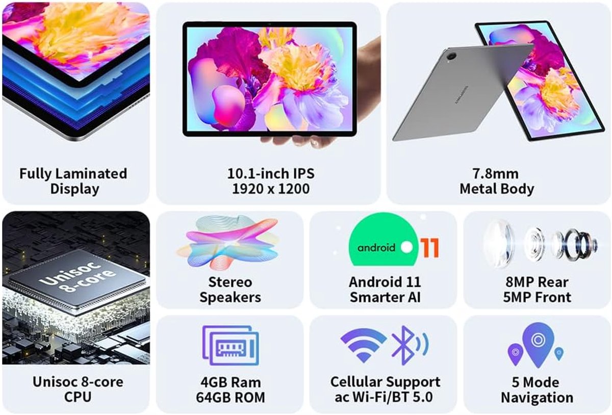 10 inch Tablet - Android Tablet PC - Entertainment en Werk - Octa-Core Processor - 1920x1200 FHD - Metaal Grijs