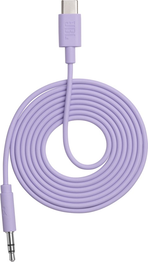 Lichtpaarse kabel met USB-C en 3.5mm aansluiting, opgerold op een zwarte achtergrond.
