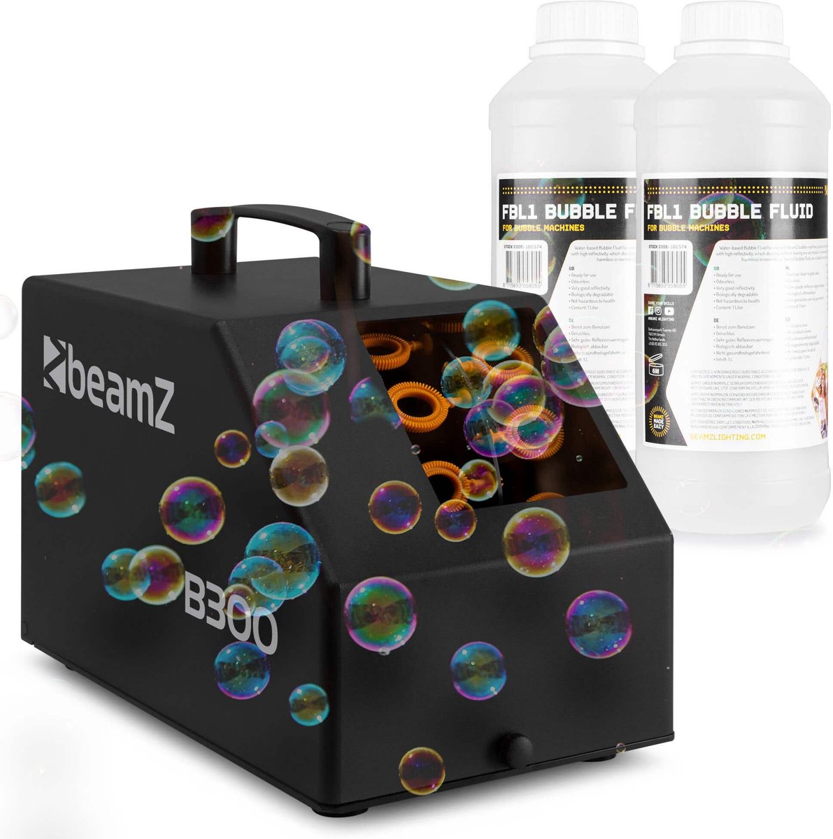 BeamZ B300 bellenblaasmachine set met 2 liter vloeistof en afstandsbediening - zwart