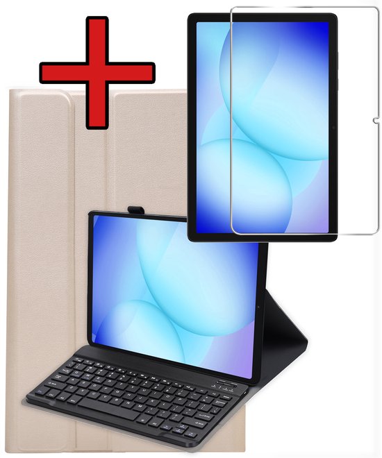 Gouden tablethoes met toetsenbord en schermprotector voor Samsung Galaxy Tab A11 Plus.