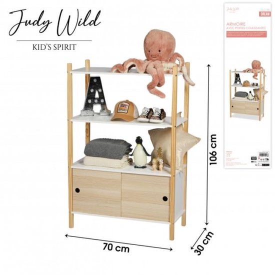 Boekenkast met houten frame, witte planken, lichte houten deuren, 70x30x106cm. Gevuld met decoratie.