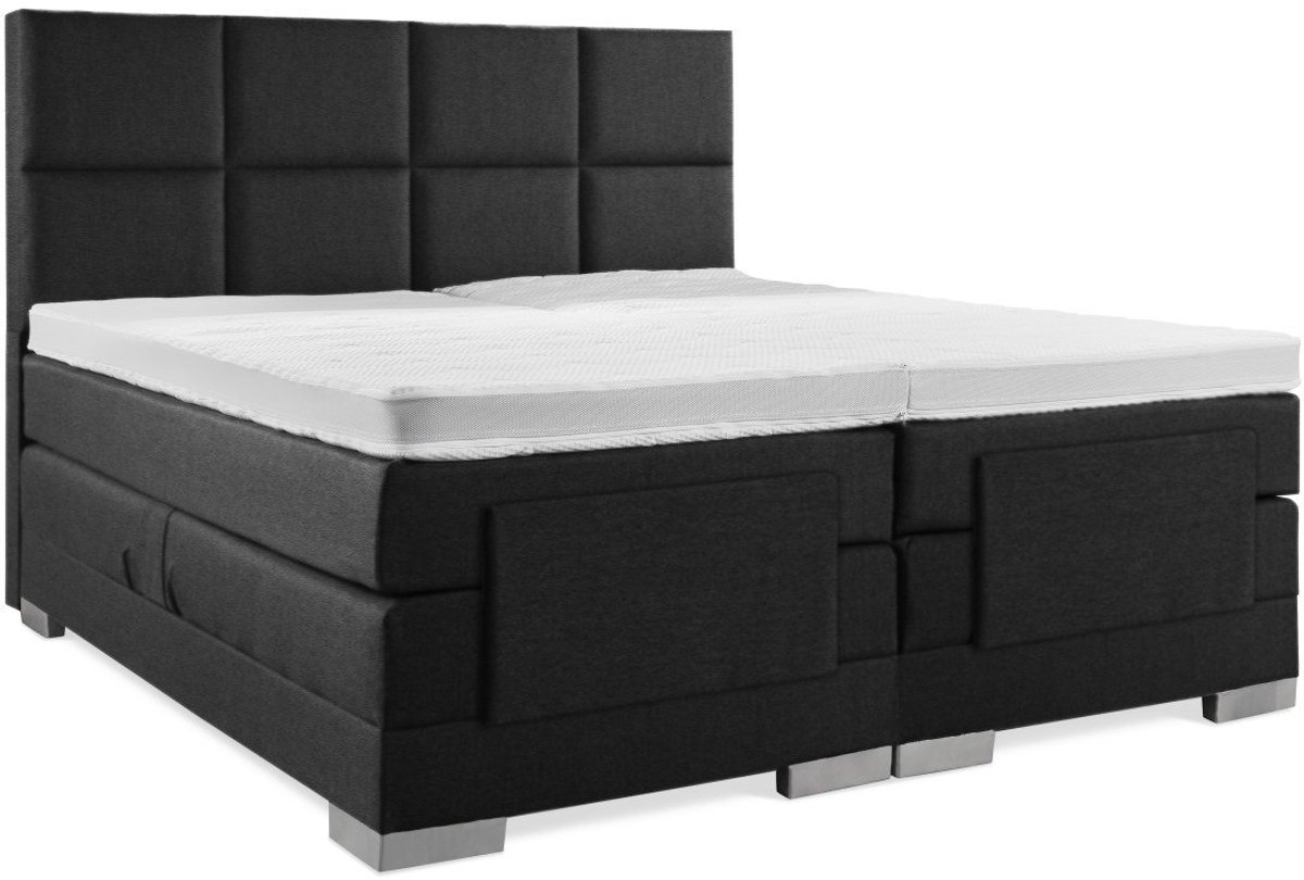 Elektrische Boxspring - 160x200 - Incl. 8-Vaks hoofdbord - Gitzwart lederlook met plint