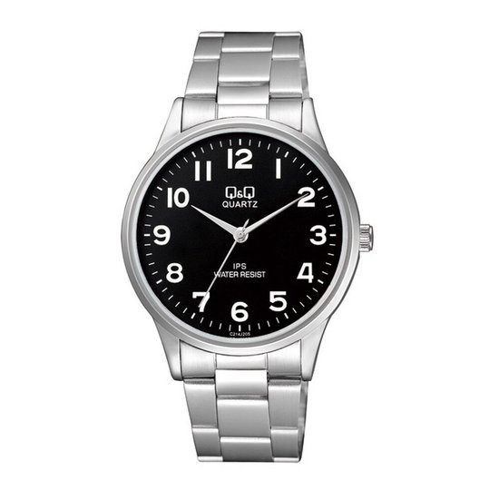 Zilverkleurig herenhorloge met stalen band en zwarte wijzerplaat met witte cijfers.