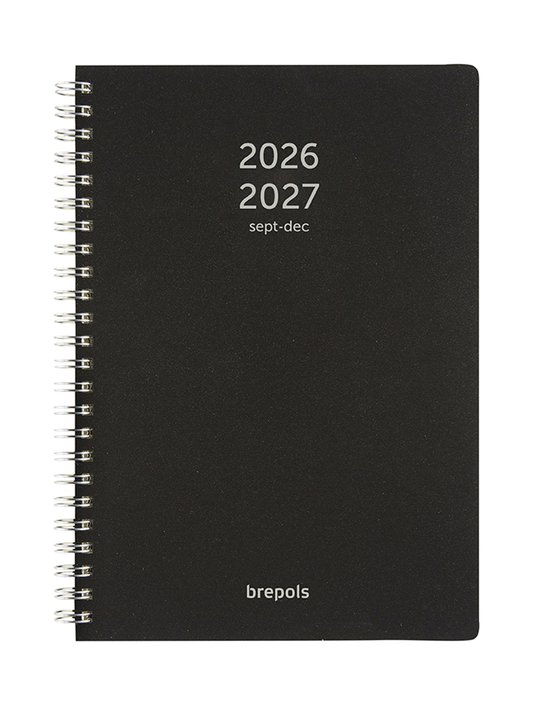 Zwarte Brepols agenda 2026-2027, sept-dec, met spiraalbinding.