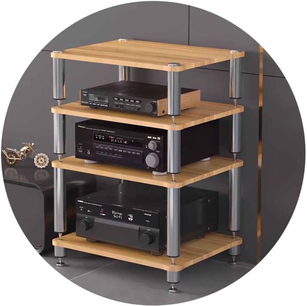 Hifi Rack - Audio Meubel - Componenten Opbergen - Schokabsorberende Voeten - 60x48x80cm 4 Lagen - Houtkleur