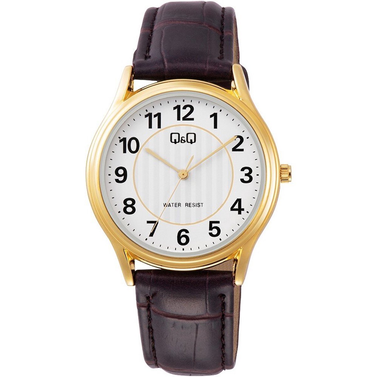QQ C48A-003PY - Horloge - Polshorloge - Analoog - Unisex - Leren band - Rond - Metaal - Cijfers - Bruin - Goudkleurig - Wit