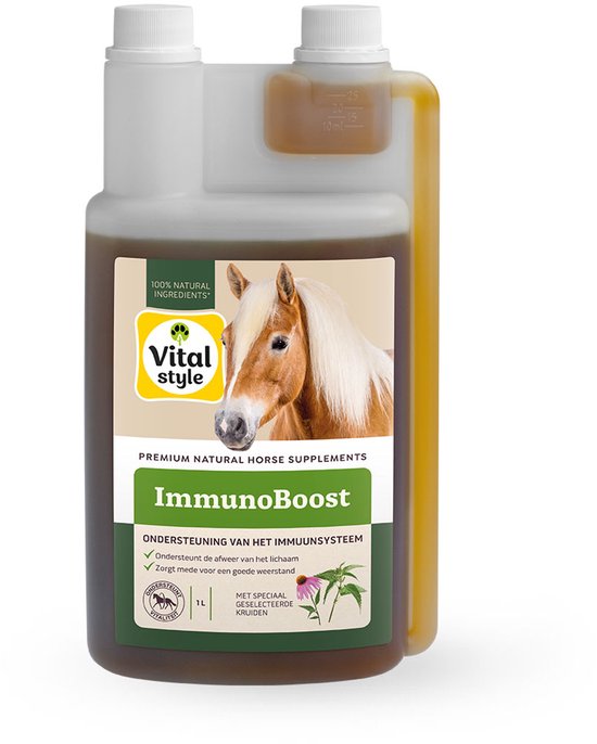 VITALstyle Immunoboost - Paarden Supplement - Dé Positieve Invloed Op Het Immuunsysteem - Met Vitamine B, C & E - 1 L VITALstyle Immunoboost - Paarden Supplement - Dé Positieve Invloed Op Het Immuunsysteem - Met Vitamine B, C & E - 1 L