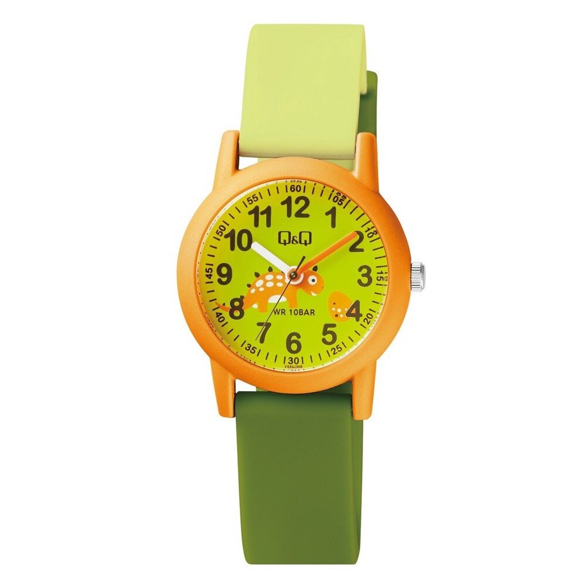 QQ VS49J008Y - Horloge - Sport - Analoog - Kinderen - Unisex - Plastic band - Rond - Kunststof - Cijfers - Mini Dino - Geel - DonkerGroen - Oranje - Multi