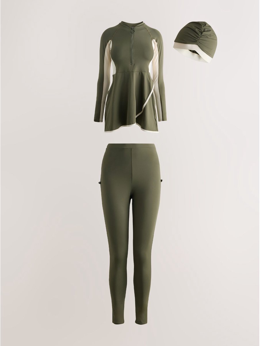 Next Dames - Bescheiden burkinibadpak in 3-delige set - Groen Khaki Green/Cream