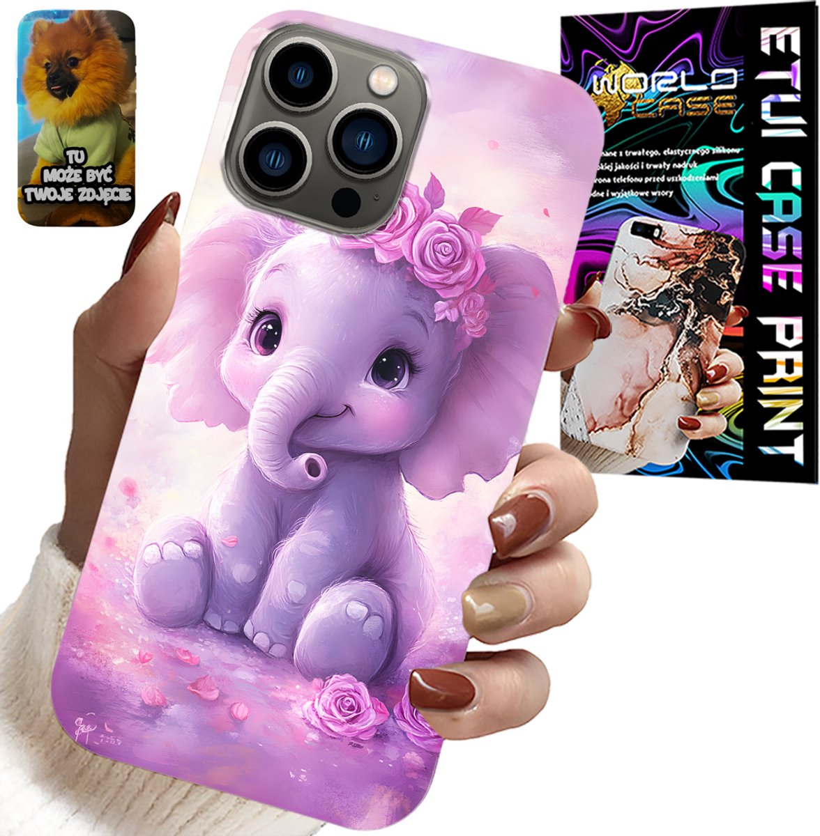HOESJE VOOR IPHONE 13 PRO - ZOETE OLIFANT OP ROZE ACHTERGROND + FOLIE