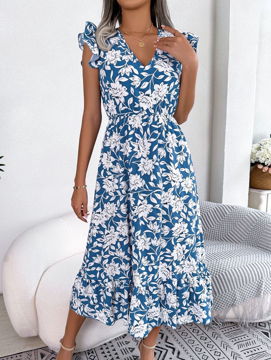 SUNMOOL Dames Dress - Tailleband - Bloemenpatroon - Blauw - Maat: S