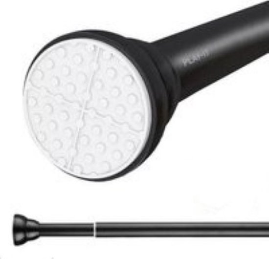 Tringle de rideau de douche noire extensible avec une extrémité plate, ronde et blanche avec des picots.