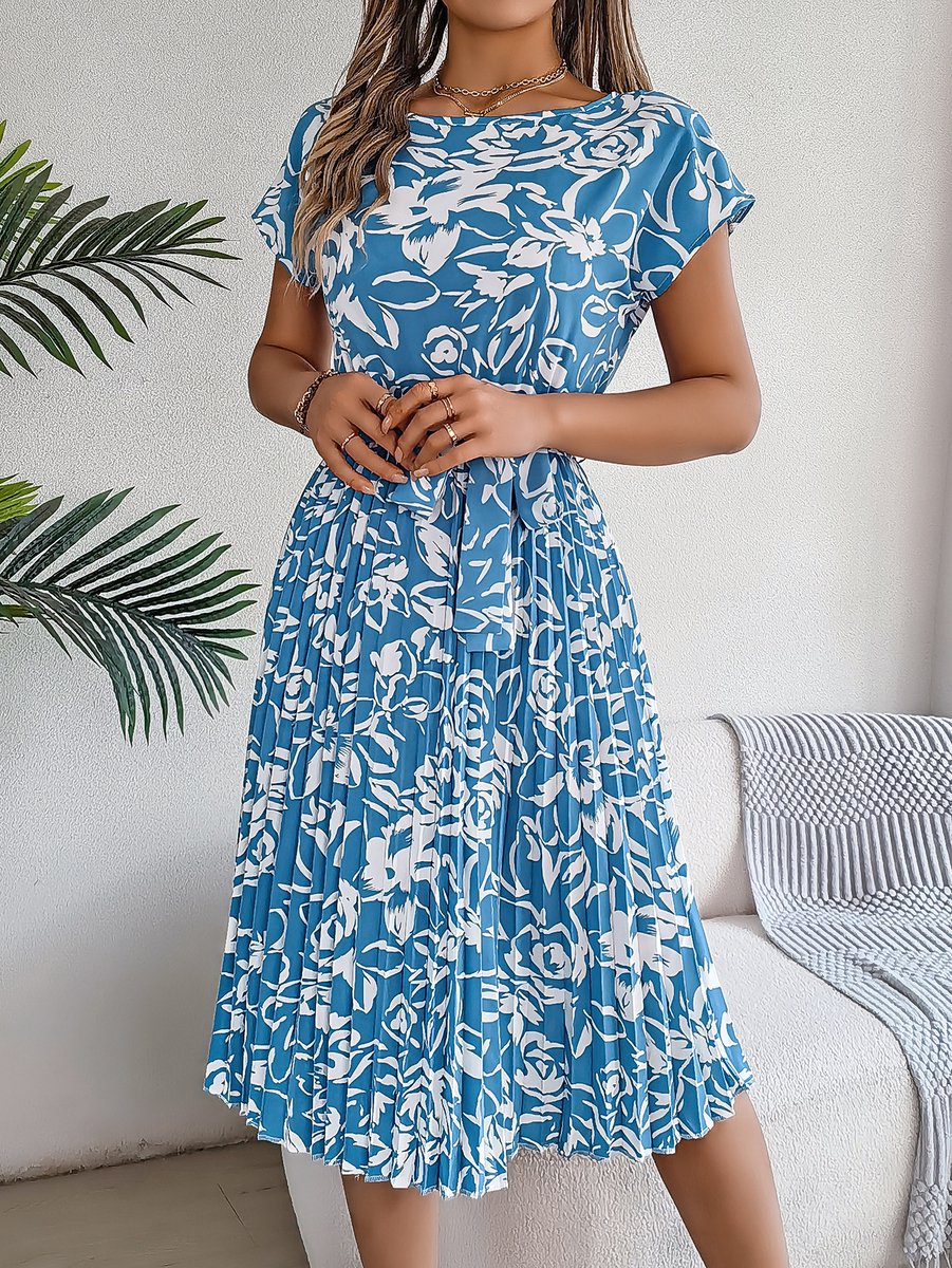 SUNMOOL Dames Dress - Tailleband - Bloemenpatroon - LichtBlauw - Maat: M