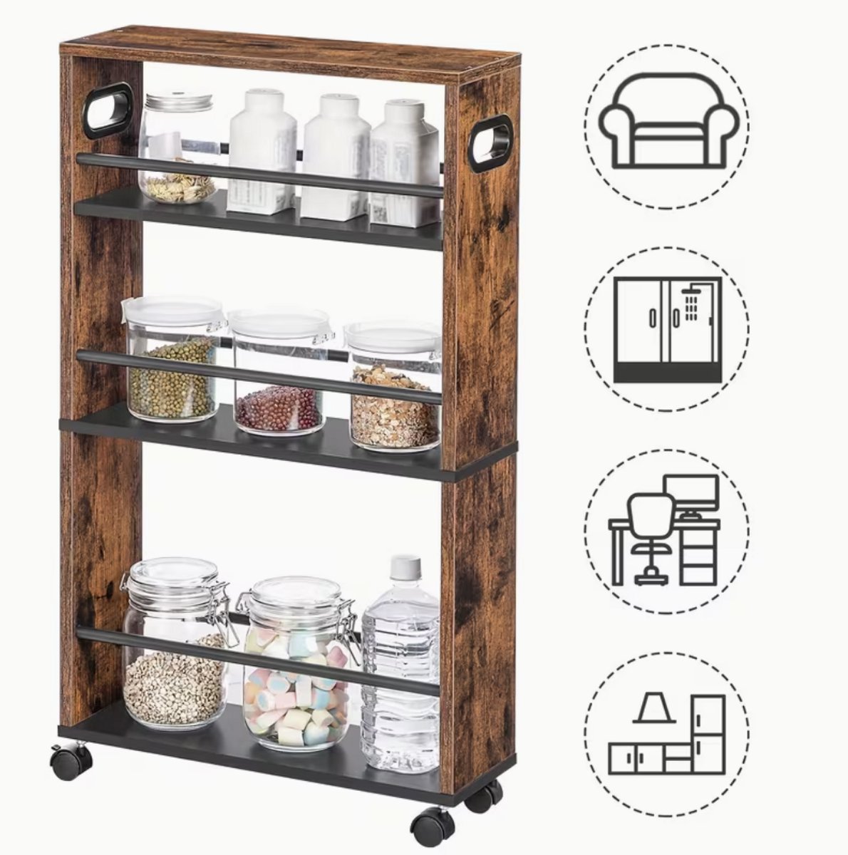 Slanke 4-Laags Keukenwagen – Smalle Serveerwagen met 360° Draaiende Wielen, Stevig Opbergrek voor Keuken, Badkamer of Wasruimte, Industrieel Ontwerp, 45 × 15 × 80 cm, Donkerbruin