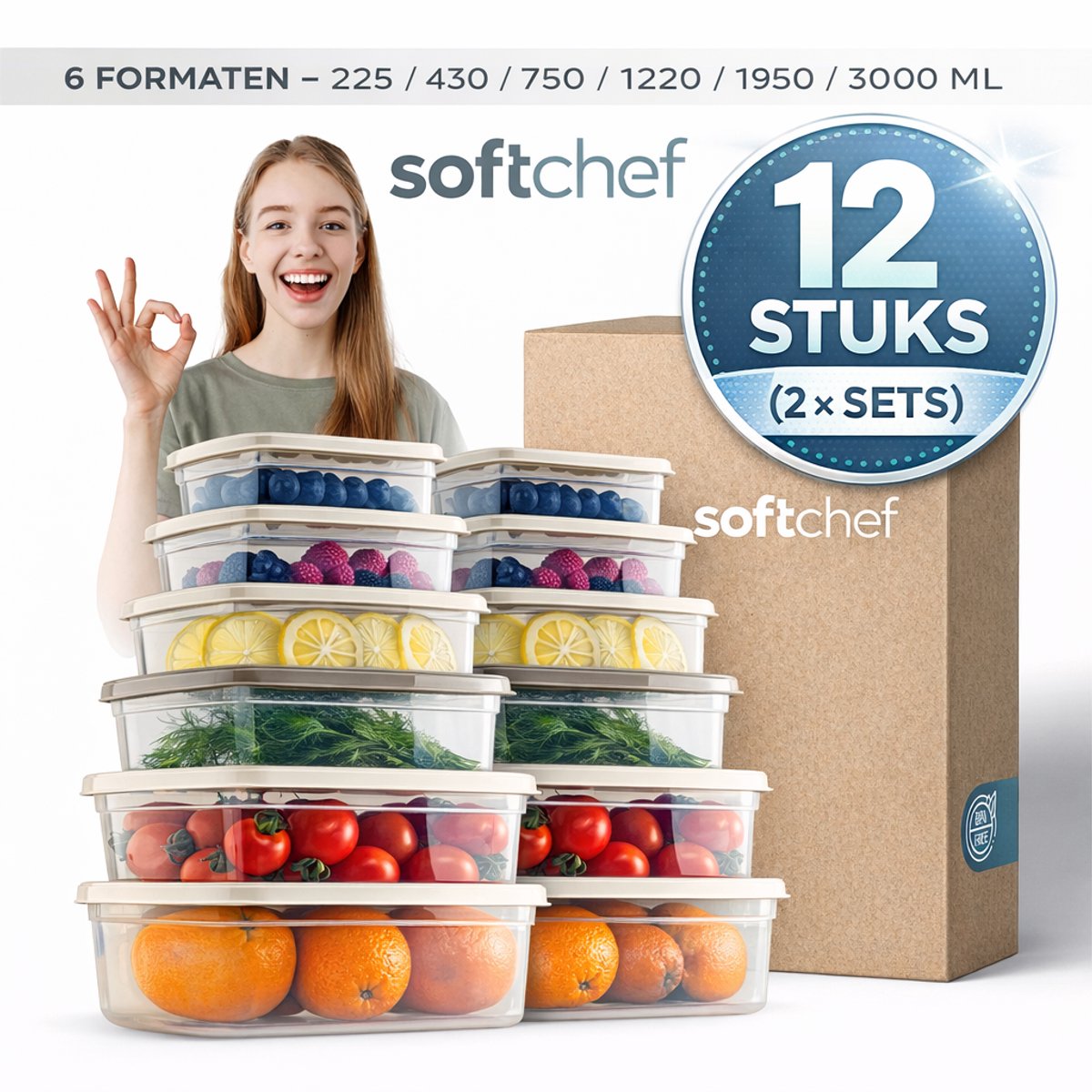 Soft Chef Easy Box 12 delige rechthoekige voedselbewaarset BPA vrij stapelbaar luchtdicht kunststof bewaardozen (2 x 6 delige sets)