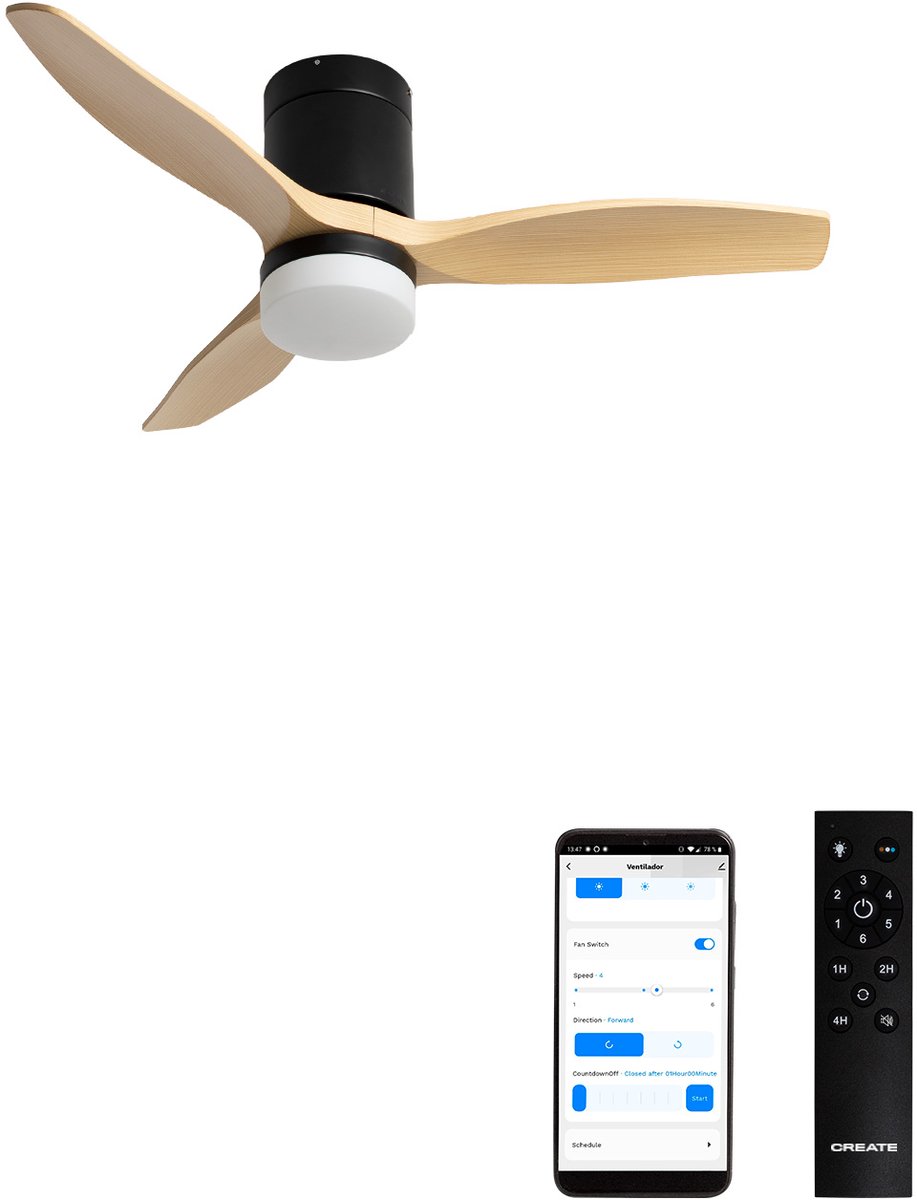 CREATE - Stille 40W plafondventilator met technische ABS bladen in verschillende maten - S - Met licht - WIFI - WIND CALM