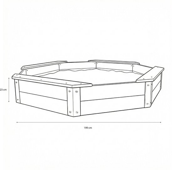 Schematische tekening van een achthoekige houten zandbak, met afmetingen 199 cm breed en 23 cm hoog.