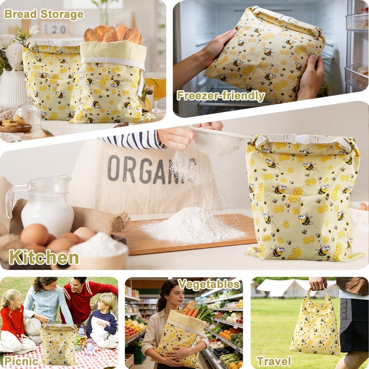 Bijenwas Broodzakken - Set van 2 - Katoenen broodzakken met bijenwas - Natuurlijke materialen - Water- & oliebestendig, houdt voedsel vers - 43 x 33 cm - Schattig bijenpatroon — cadeau in Koken & Dineren - foto 5