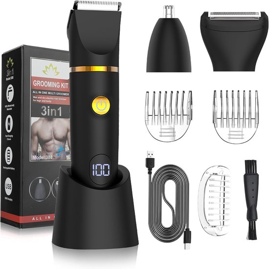 Lichaamstrimmer voor Mannen 3-in-1 - Neus/Schaamstreek/Bal Scheerapparaat met LED Display - IPX6 Waterdicht voor Benen/Borst Ontharing - Zwart - Cadeau voor Hem