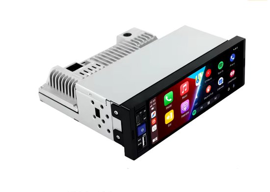 Autoradio met touchscreen, zijkant zichtbaar, met radio-interface en ventilatie-openingen aan de achterkant.