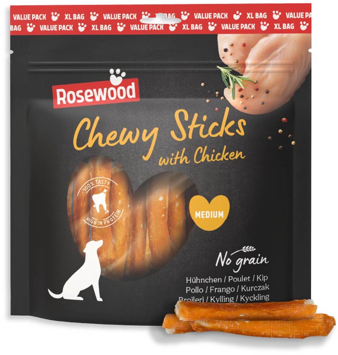 Rosewood Chewy Sticks Hondensnack Kip Medium – Kauwsticks van Runderhuid – Voordeelverpakking 500 g – Graanvrij – Zonder Kunstmatige Toevoegingen