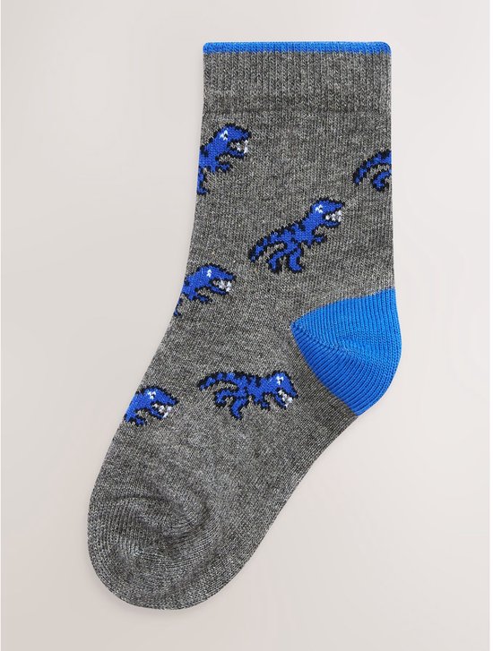 Grijze sokken met een print van blauwe dinosaurussen en een blauwe teen.