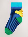 Blauwe sokken met zwarte strepen en een gele dinosaurus met groene tenen.
