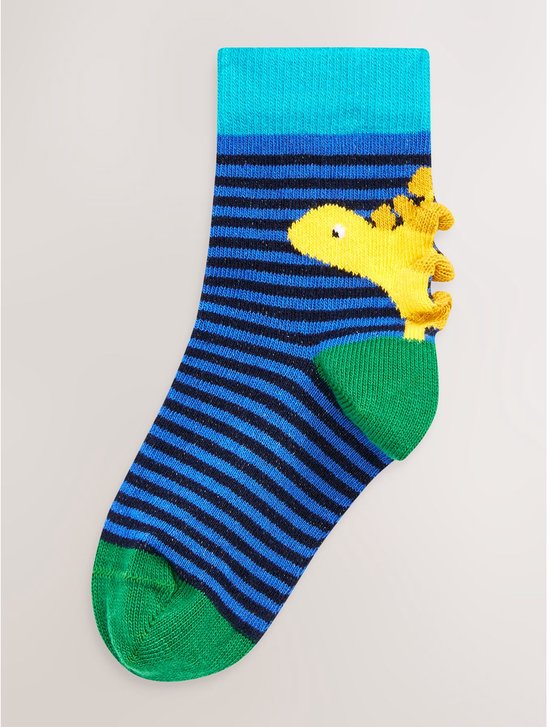Blauwe sokken met zwarte strepen en een gele dinosaurus met groene tenen.
