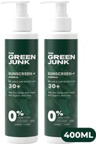 Twee flessen groene zonnebrandcrème 'The Green Junk' met witte pompdispensers en camouflage-print.