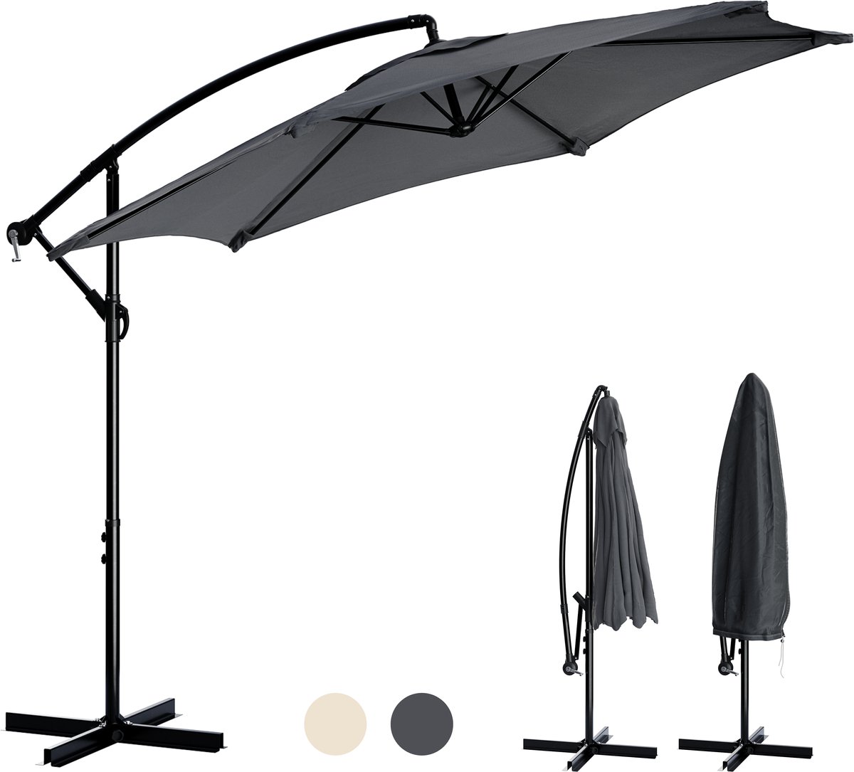 Tristar Zweefparasol - 300cm Rond - Tuin - Verstelbare Hoogte - Incl. kruisvoet & Beschermhoes - PA-7905 - Antraciet
